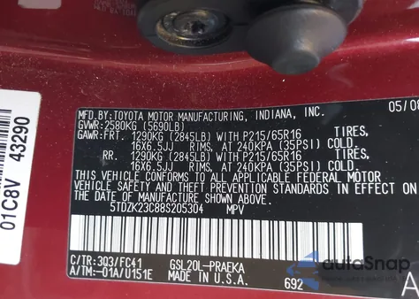 2008 Toyota Sienna Le из США, поврежденный, VIN 5TDZK23C88S205304